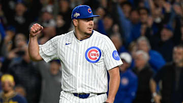 Oct 8, 2025; Chicago, Illinois, USA; Chicago Cubs pitcher Brad Keller (40) celebrates after defeating the Milwaukee Brewers in game three of the NLDS round for the 2025 MLB playoffs at Wrigley Field. Mandatory Credit: Matt Marton-Imagn Images