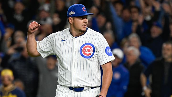 Oct 8, 2025; Chicago, Illinois, USA; Chicago Cubs pitcher Brad Keller (40) celebrates after defeating the Milwaukee Brewers in game three of the NLDS round for the 2025 MLB playoffs at Wrigley Field. Mandatory Credit: Matt Marton-Imagn Images