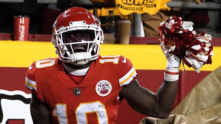 Jan 16, 2022; Kansas City, Missouri, USA; Kansas City Chiefs wide receiver Tyreek Hill (10) celebrates after a touchdown catch during the second half against the Pittsburgh Steelers in an AFC Wild Card playoff football game at GEHA Field at Arrowhead Stadium. Mandatory Credit: Denny Medley-Imagn Images