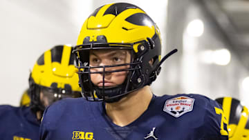 Dec 31, 2022; Glendale, Arizona, USA; Michigan Wolverines offensive lineman Jeffrey Persi (79) against the TCU Horned Frogs during the 2022 Fiesta Bowl at State Farm Stadium. Mandatory Credit: Mark J. Rebilas-Imagn Images