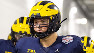 Dec 31, 2022; Glendale, Arizona, USA; Michigan Wolverines offensive lineman Jeffrey Persi (79) against the TCU Horned Frogs during the 2022 Fiesta Bowl at State Farm Stadium. Mandatory Credit: Mark J. Rebilas-Imagn Images