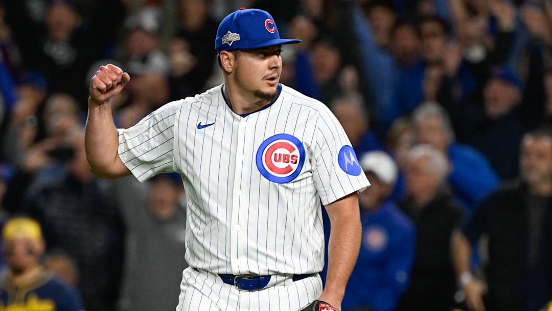Oct 8, 2025; Chicago, Illinois, USA; Chicago Cubs pitcher Brad Keller (40) celebrates after defeating the Milwaukee Brewers in game three of the NLDS round for the 2025 MLB playoffs at Wrigley Field. Mandatory Credit: Matt Marton-Imagn Images Oct 8, 2025; Chicago, Illinois, USA; Chicago Cubs pitcher Brad Keller (40) celebrates after defeating the Milwaukee Brewers in game three of the NLDS round for the 2025 MLB playoffs at Wrigley Field. Mandatory Credit: Matt Marton-Imagn Images
