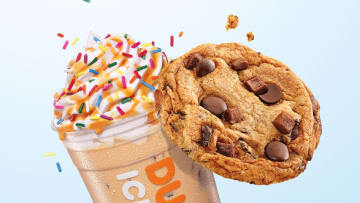 Dunkin' Vanilla Frosted Donut Iced Signature Latte & Chocolate Chunk Cookie