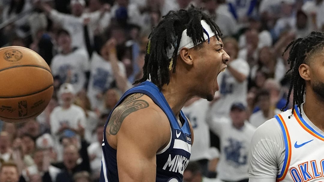 May 24, 2025; Minneapolis, Minnesota, USA; Minnesota Timberwolves guard Terrence Shannon Jr. (00) reacts against the Oklahoma City Thunder during the second half in game three of the western conference finals for the 2025 NBA Playoffs at Target Center. Mandatory Credit: Bruce Kluckhohn-Imagn Images