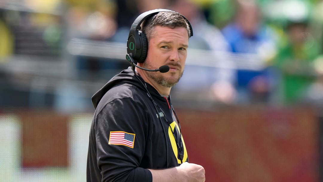 Oregon coach Dan Lanning oversees his team as the Fighting Ducks face off against Mighty Oregon in the Oregon Ducks spring game on April 26, 2025, at Autzen Stadium in Eugene.