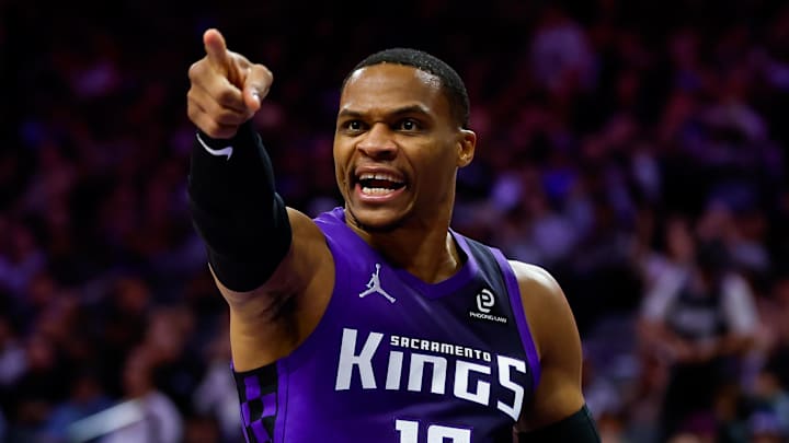 Jan 16, 2026; Sacramento, California, USA; Sacramento Kings guard Russell Westbrook (18) reacts after a play during the third quarter against the Washington Wizards at Golden 1 Center. Mandatory Credit: Sergio Estrada-Imagn Images