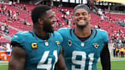 Sep 28, 2025; Santa Clara, California, USA; Jacksonville Jaguars defensive end Josh Hines-Allen (41) and defensive tackle Arik Armstead (91) after the game against the San Francisco 49ers at Levi's Stadium. Mandatory Credit: Darren Yamashita-Imagn Images