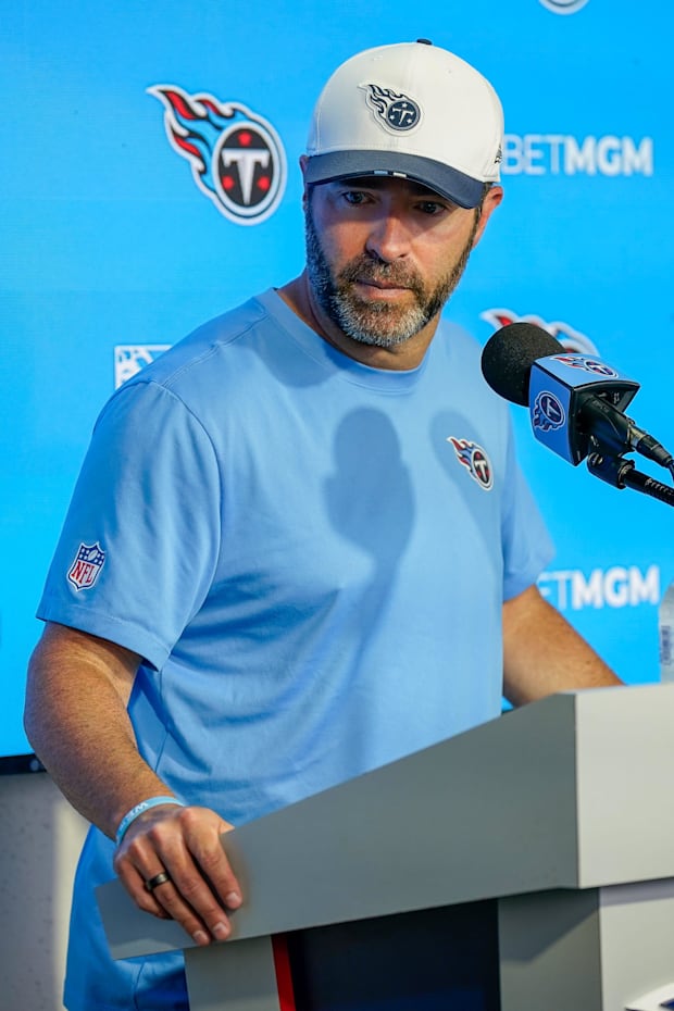 Tennessee Titans Brian Callahan speaks before an NFL football training camp practice