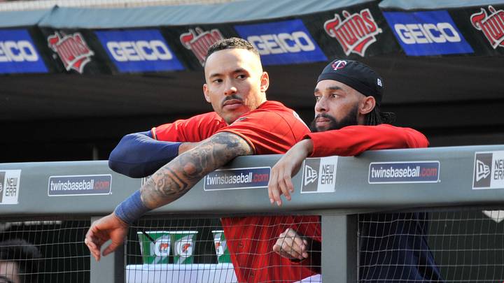 Sep 29, 2022; Minneapolis, Minnesota, USA; Minnesota Twins shortstop Carlos Correa (left) and