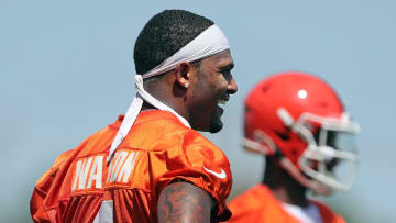 Browns quarterback Deshaun Watson (4) laughs as he watches Tyler Huntley take reps during minicamp, Thursday, June 13, 2024, in Berea.