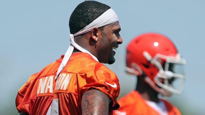 Browns quarterback Deshaun Watson (4) laughs as he watches Tyler Huntley take reps during minicamp, Thursday, June 13, 2024, in Berea.