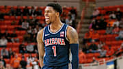 Arizona Wildcats guard Caleb Love (1) reacts after a play during the second half against the Oklahoma State Cowboys at Gallagher-Iba Arena.