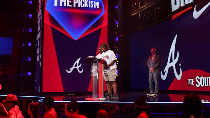 Jul 13, 2025; Atlanta, GA, USA; Tate Southisene is drafted by the Atlanta Braves with the 22nd pick during the first round of the MLB Draft at The Coca-Cola Roxy. Mandatory Credit: Brett Davis-Imagn Images