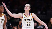 Jul 15, 2025; Boston, Massachusetts, USA; Indiana Fever guard Caitlin Clark (22) reacts to the crowd as they take on the Connecticut Sun in the first quarter at TD Garden. Mandatory Credit: David Butler II-Imagn Images