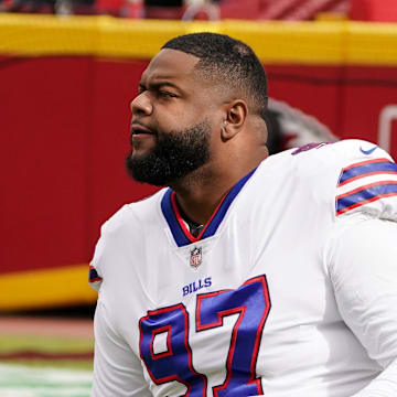 Kansas City, Missouri, USA; Buffalo Bills defensive tackle Jordan Phillips (97) warms up against the Kansas City Chiefs prior to the game at GEHA Field at Arrowhead Stadium. 