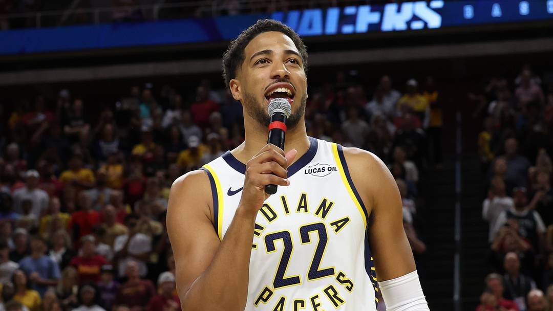 Oct 7, 2026; Ames, Iowa, USA;  Indiana Pacers guard Tyrese Haliburton (0) is introduced before the game wearing his old number (22) from his time on the Iowa State Cyclones before their game with the Minnesota Timberwolves at James H. Hilton Coliseum.  Mandatory Credit: Reese Strickland-Imagn Images