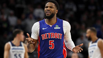 Former Detroit Pistons guard Malik Beasley (5) reacts during the second quarter against the Minnesota Timberwolves at Target Center. Mandatory Credit: Matt Krohn-Imagn Images