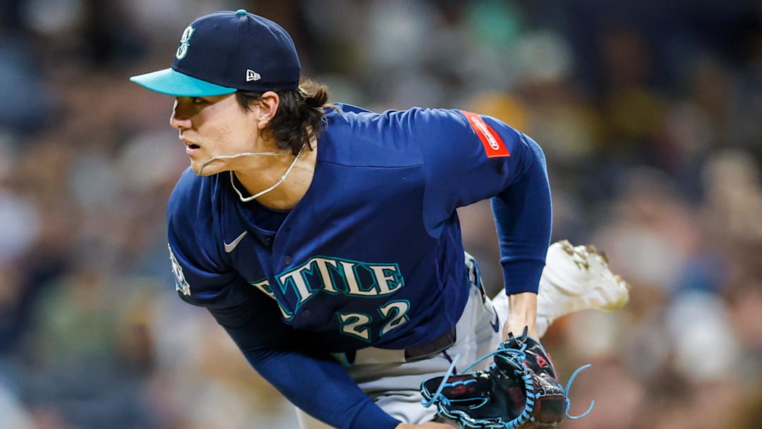 Apr 14, 2026; San Diego, California, USA; Seattle Mariners starting pitcher Bryan Woo (22) throws a pitch during the sixth inning against the San Diego Padres at Petco Park. Mandatory Credit: David Frerker-Imagn Images