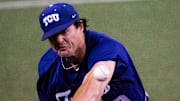 TCU Horned Frogs utility Payton Tolle (49) pitches in the sixth inning of the Texas Longhorns' game against the TCU Horned Frogs at UFCU Disch-Falk Field, Friday, April 19, 2024.