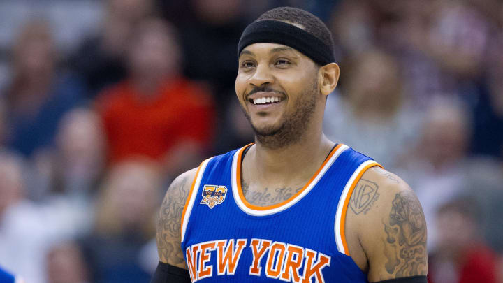 Mar 22, 2017; Salt Lake City, UT, USA; New York Knicks forward Carmelo Anthony (7) reacts to being called for an offensive foul during the second half against the Utah Jazz at Vivint Smart Home Arena. The Jazz won 108-101. Mandatory Credit: Russ Isabella-USA TODAY Sports