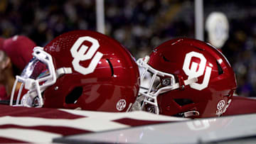 Nov 30, 2024; Baton Rouge, Louisiana, USA; Detailed view of the Oklahoma Sooners helmets on a time out against the LSU Tigers during the second quarter at Tiger Stadium. Mandatory Credit: Stephen Lew-Imagn Images