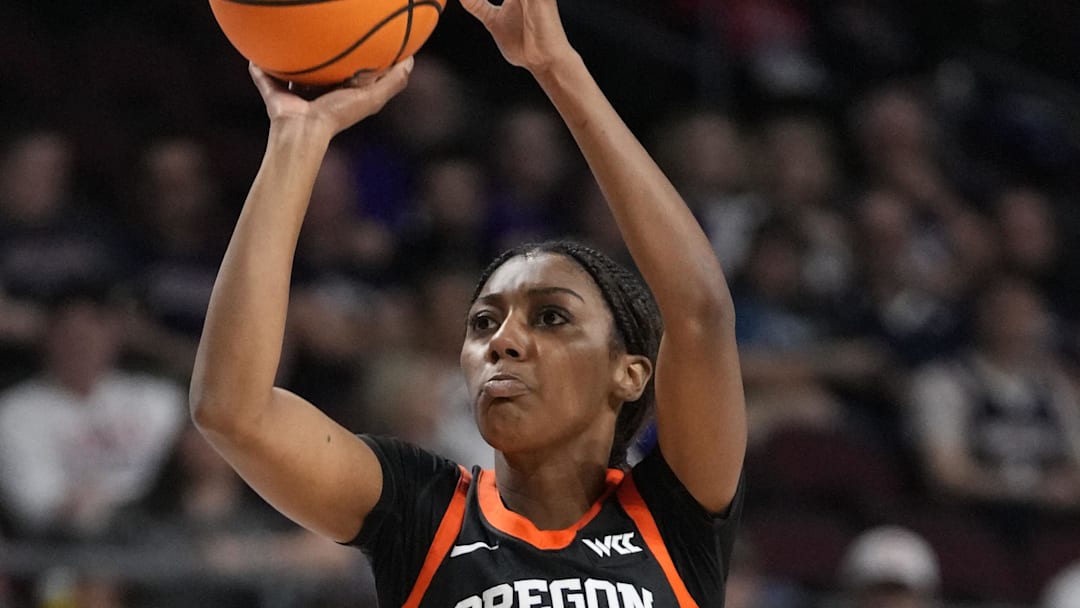 March 10, 2025; Las Vegas, NV, USA; Oregon State Beavers guard Tiara Bolden (0) shoots the basketball against the Gonzaga Bulldogs during the first half in the semifinal of the West Coast Conference tournament at Orleans Arena. Mandatory Credit: Kyle Terada-Imagn Images