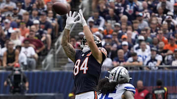 Sep 21, 2025; Chicago, Illinois, USA; Chicago Bears tight end Colston Loveland (84) makes a catch against Dallas Cowboys linebacker Marist Liufau (35) during the first half at Soldier Field. Mandatory Credit: David Banks-Imagn Images