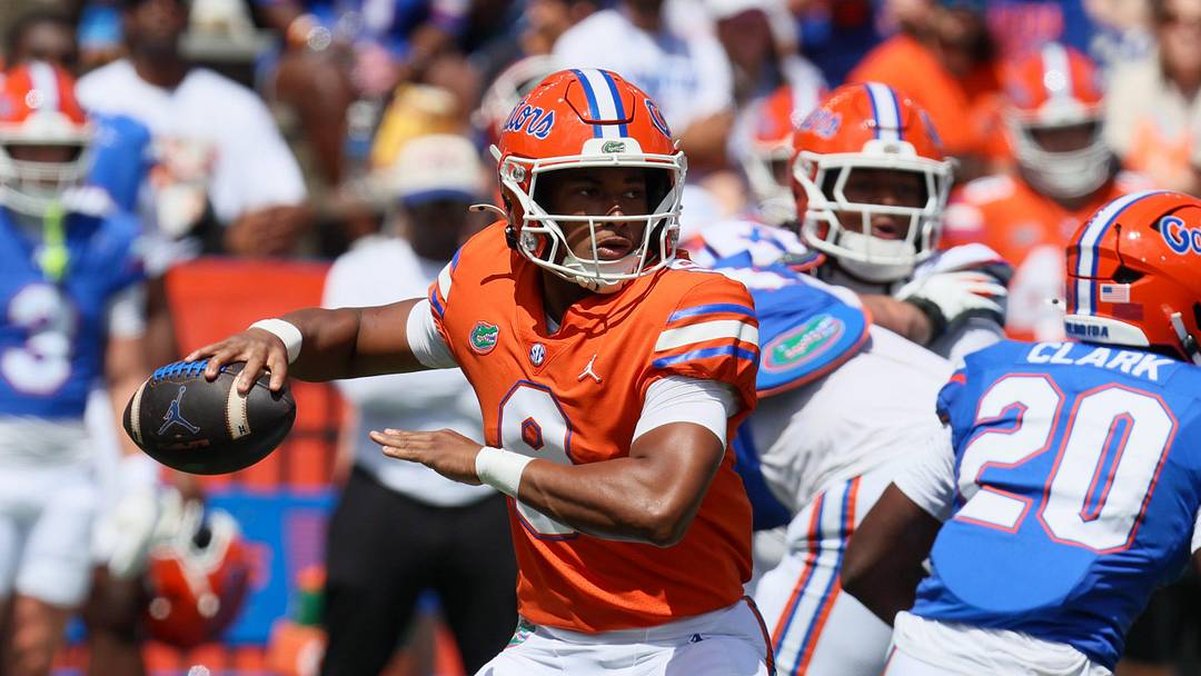 Florida quarterback Tramell Jones Jr. (9) passes during the first half of the Orange and Blue game at Steve Spurrier Field at Ben Hill Griffin Stadium in Gainesville, FL on Saturday, April 11, 2026. [Alan Youngblood/Gainesville Sun]