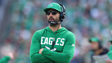 Oct 26, 2025; Philadelphia, Pennsylvania, USA; Philadelphia Eagles head coach Nick Sirianni looks on in the second quarter against the New York Giants at Lincoln Financial Field. Mandatory Credit: Bill Streicher-Imagn Images