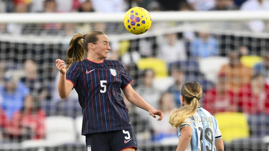 USWNT defender Tara Rudd heads the ball against Argentina  during the second half at GEODIS Park.