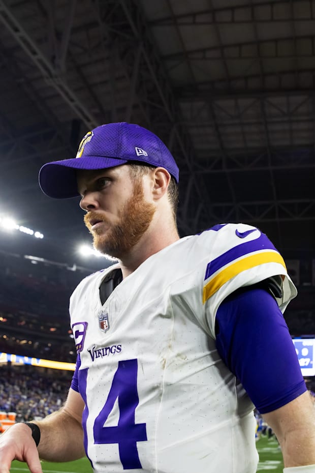 Minnesota Vikings quarterback Sam Darnold reacts as he walks off the field after losing to the Los Angeles Rams.
