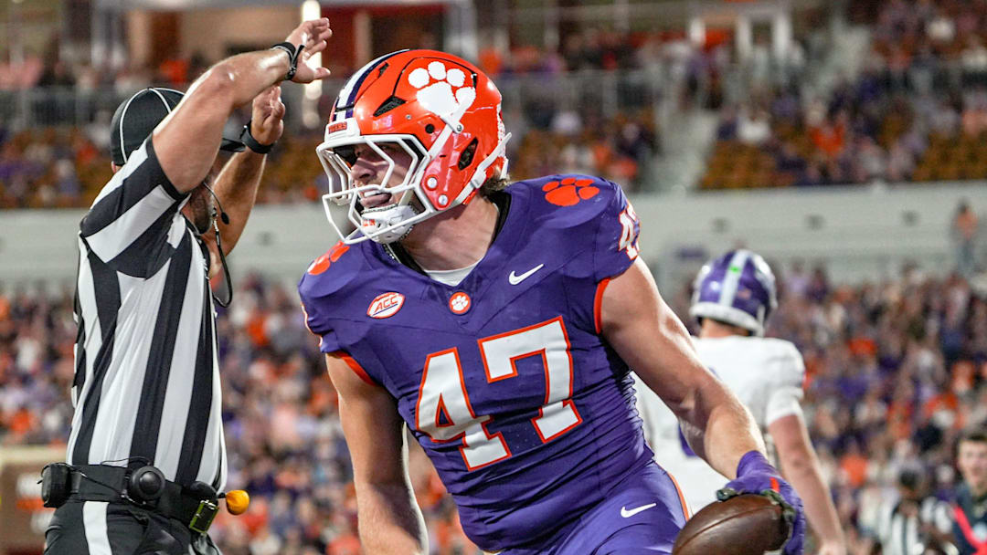 Clemson linebacker Sammy Brown (47) reacts after intercepting a pass against Furman during the second quarter at Memorial Stadium in Clemson, S.C. Saturday, November 22, 2025.