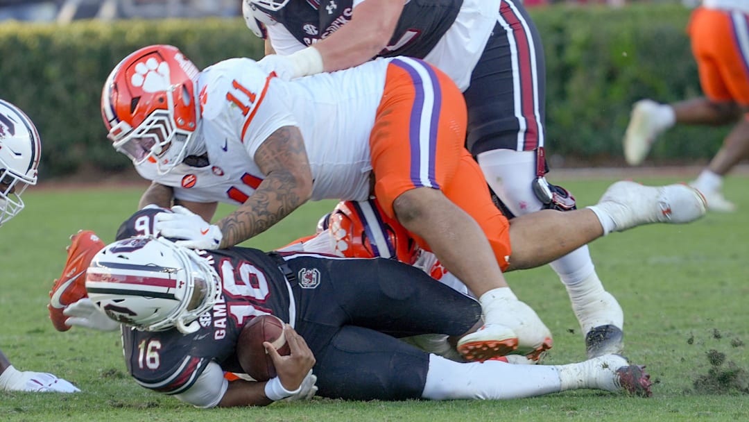 Clemson defensive lineman Peter Woods (11) sacks South Carolina quarterback LaNorris Sellers (16) after the Tigers’ 28-14 win at Williams-Brice Stadium in Columbia, S.C. Saturday, November 29, 2025.