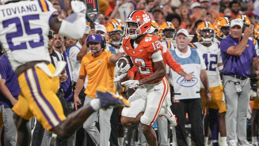 Clemson wide receiver Bryant Wesco Jr. (12) runs after a catch for a first down against Louisiana State University during the second quarter at Memorial Stadium in Clemson, S.C. Saturday, Aug 30, 2025. Clemson wide receiver Bryant Wesco Jr. (12) runs after a catch for a first down against Louisiana State University during the second quarter at Memorial Stadium in Clemson, S.C. Saturday, Aug 30, 2025.