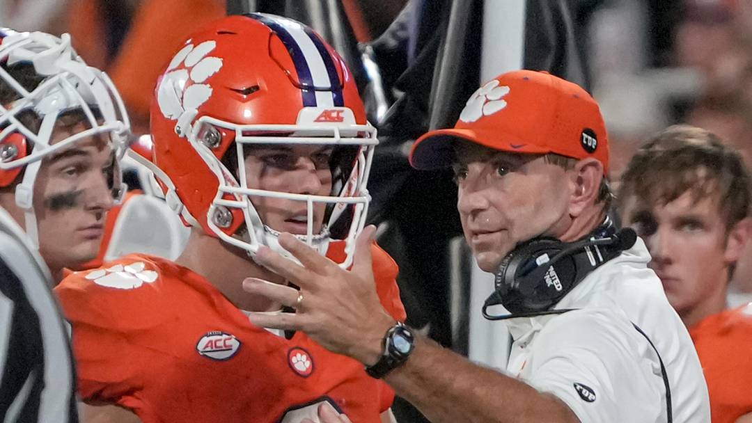 Clemson head coach Dabo Swinney talks with quarterback Tait Reynolds (2) during the fourth quarter at Memorial Stadium Saturday, September 12, 2026. Clemson head coach Dabo Swinney talks with quarterback Tait Reynolds (2) during the fourth quarter at Memorial Stadium Saturday, September 12, 2026.