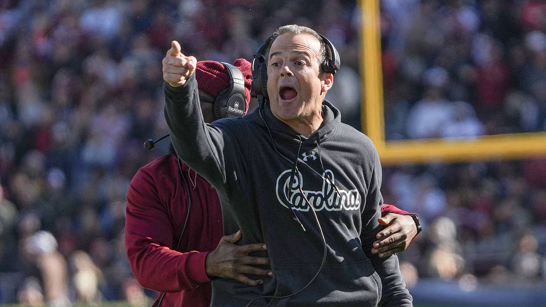 South Carolina Head Coach Shane Beamer disputes a pass interference call in the game with Clemson during the second quarter at Williams-Brice Stadium in Columbia, S.C. Saturday, November 29, 2025.
