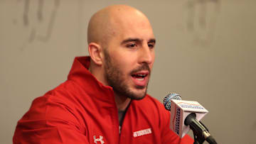Feb 25, 2018; Madison, WI, USA; Feb 25, 2018; Madison, WI, USA; Philadephia Eagles safety Chris Maragos responds to a question at a pre-game news conference before the game between the Wisconsin Badgers and Michigan State Spartans at the Kohl Center. Maragos' last season with the Badgers was in 2009. Mandatory Credit: Mary Langenfeld-Imagn Images at the Kohl Center. Mandatory Credit: Mary Langenfeld-Imagn Images