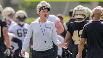 Jul 27, 2022; Metairie, LA, USA; New Orleans Saints head coach Dennis Allen during training camp at Ochsner Sports Performance Center. Mandatory Credit: Stephen Lew-USA TODAY Sports