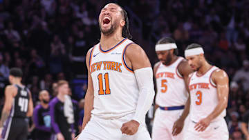Jan 25, 2025; New York, New York, USA;  New York Knicks guard Jalen Brunson (11) celebrates during a timeout called by the Sacramento Kings in the third quarter at Madison Square Garden. Mandatory Credit: Wendell Cruz-Imagn Images
