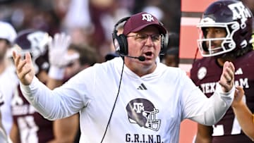Sep 27, 2025; College Station, Texas, USA; Texas A&M Aggies head coach Mike Elko reacts during the third quarter against the Auburn Tigers at Kyle Field. Mandatory Credit: Maria Lysaker-Imagn Images 