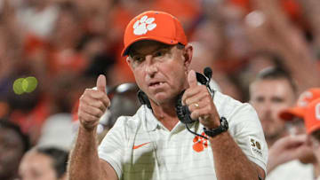 Clemson head coach Dabo Swinney communicates with a referee in the game with Louisiana State University during the second quarter at Memorial Stadium in Clemson, S.C. Saturday, Aug 30, 2025.
