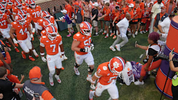Clemson players enter the field before the game with Clemson and Louisiana State University at Memorial Stadium in Clemson, S.C. Saturday, August 30, 2025.