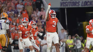 Clemson defensive end T.J. Parker (3) celebrates a tackle against Louisiana State University during the first quarter at Memorial Stadium in Clemson, S.C. Saturday, August 30, 2025.