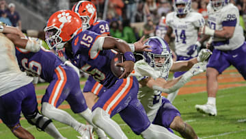 Clemson quarterback Chris Denson (15) scores against Furman during the fourth quarter at Memorial Stadium in Clemson, S.C. Saturday, November 22, 2025.