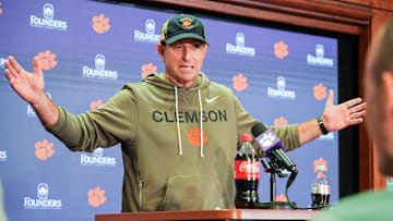 Clemson head coach Dabo Swinney with media after the game at Memorial Stadium in Clemson, S.C. Saturday, November 22, 2025.