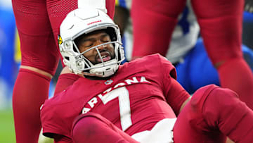 Dec 7, 2025; Glendale, Arizona, USA; Arizona Cardinals quarterback Jacoby Brissett (7) reacts after a play during the second half at State Farm Stadium. Mandatory Credit: Joe Camporeale-Imagn Images