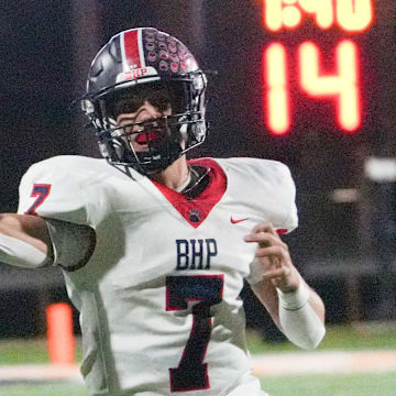 Belton-Honea Path High senior Noah Thomas (7) passes the ball playing Crescent High School during the fourth quarter in Iva, SC October 17, 2025.