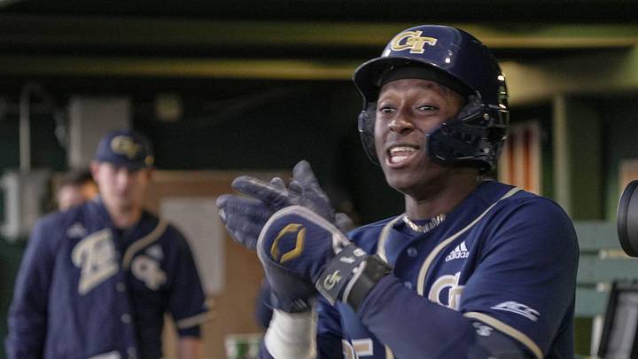 Georgia Tech junior Vahn Lackey (25) reacts after scoring during the top of the third inning at Doug Kingsmore Stadium in Clemson, S.C. Thursday, March 12, 2026.
