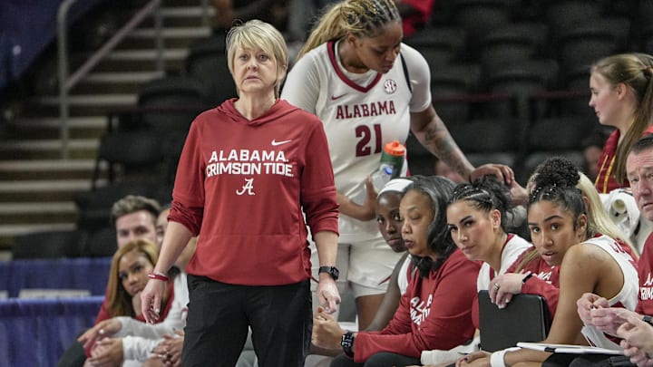 Alabama Head Coach Kristy Curry during the fourth quarter SEC Women's Basketball Tournament at Bon Secours Wellness Arena in Greenville, South Carolina Wednesday, March 4, 2026.