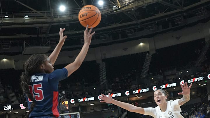Ole Miss guard Tiana Thompson (35) shoots near Vanderbilt guard Justine Pissott (13) during the first quarter SEC Women's Basketball Tournament at Bon Secours Wellness Arena in Greenville, South Carolina Friday, March 6, 2026.